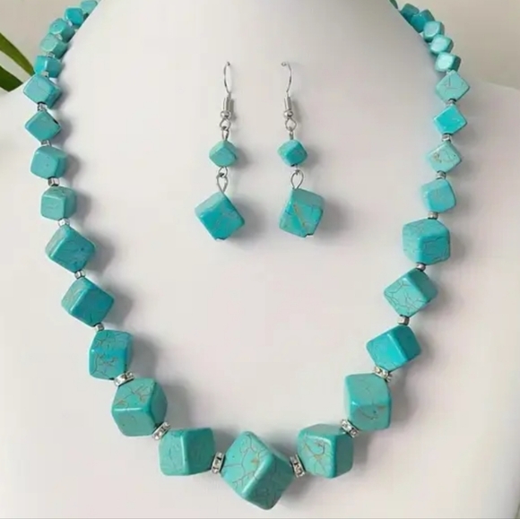 Jewelry Set Cubed Simulated Turquoise Earrings and Necklace - Picture 2 of 6